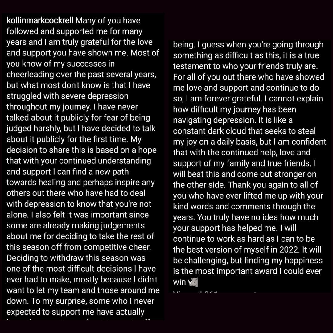 statement from Kollin Mark Cockrell from instagram
