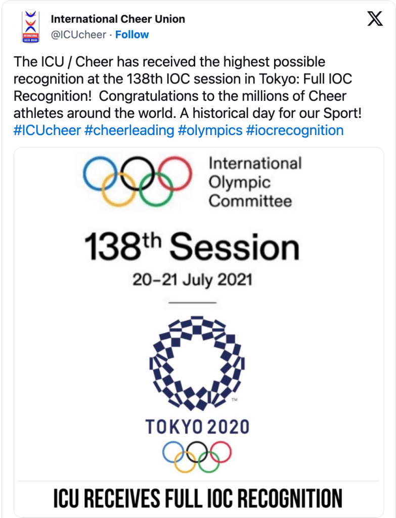 the International Olympic Committee voted to grant full recognition to the International Cheer Union and cheerleading, making it eligible to apply for inclusion in the Olympic Games