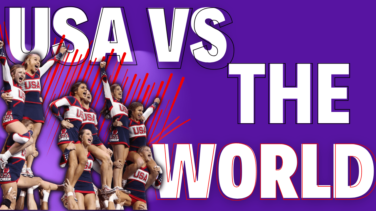 Female cheerleader in stunt in Team Usa uniform:, colour white red and blue