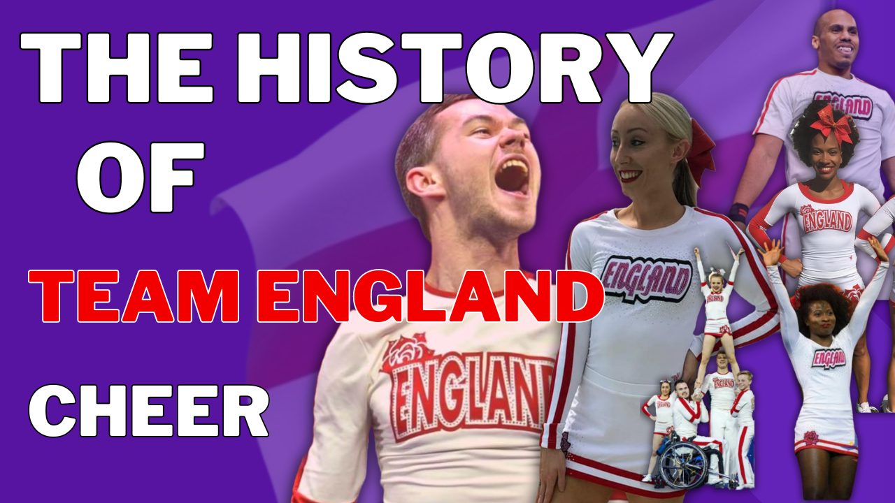 Male and female Cheerleading in Team England uniform. Colours red and white