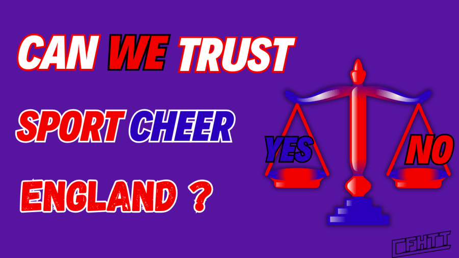 Graphic questioning the trustworthiness of sport cheer in England, featuring a scales of justice illustration and a purple background.