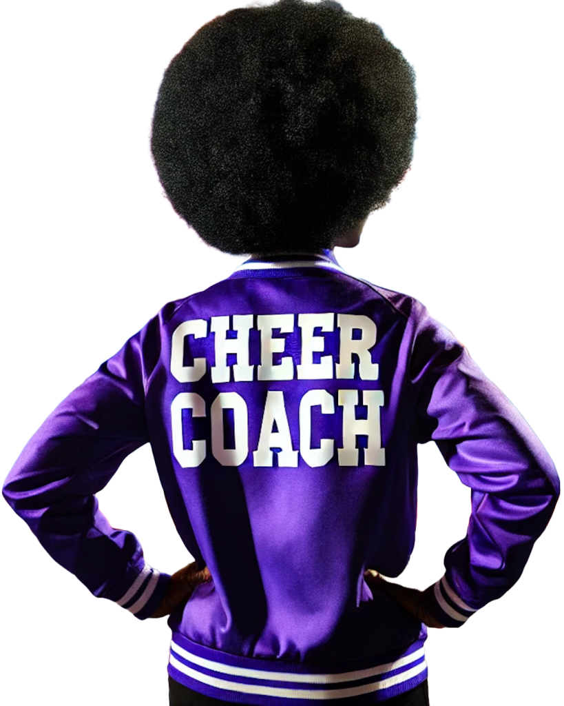 Black female in purple jacket with afro hair.