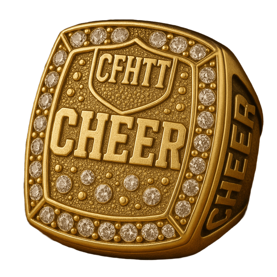 Gold ring with diamond on it. text CFHTT & Cheer