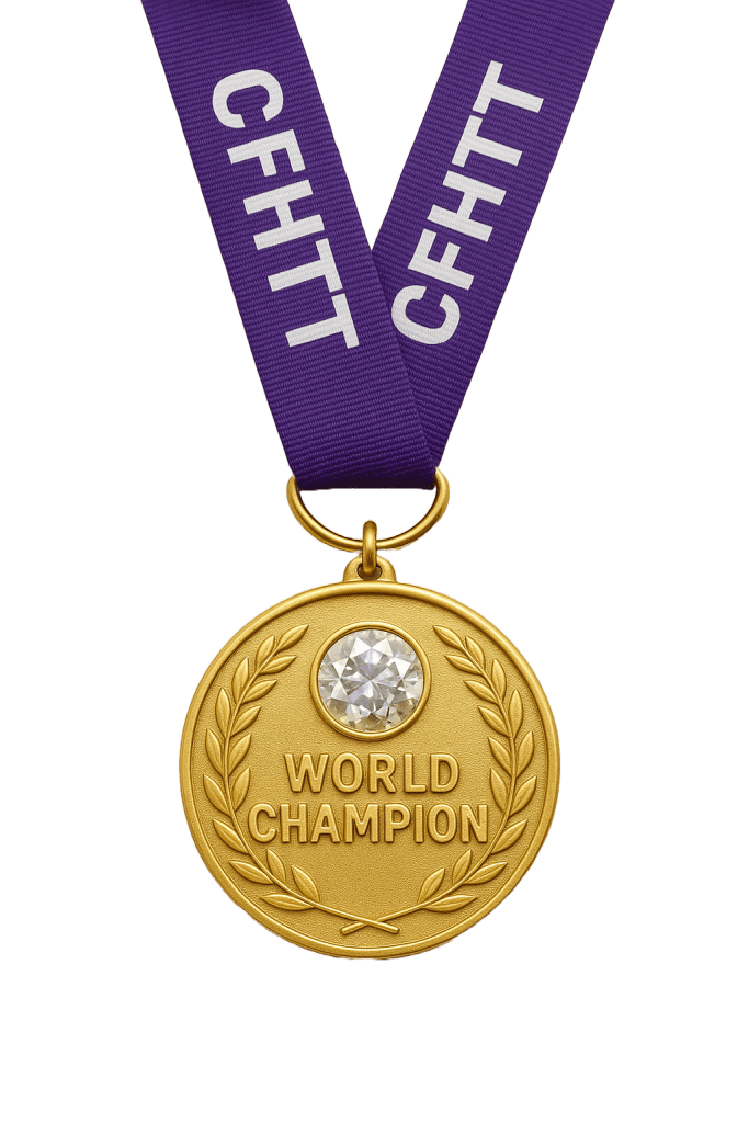 Gold medal with purple lanyard
