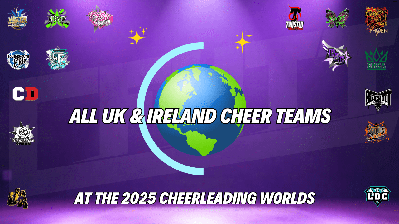 Cheerleading worlds logo with UK and Ireland cheerleading team logos attending 2025 Cheerleading Worlds
