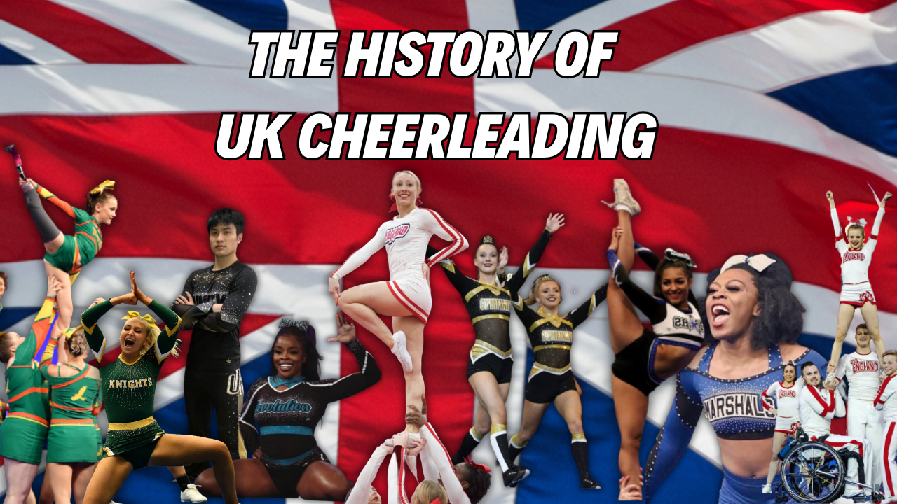 United kindom flag with several cheerleader in different cheerleading uniforms