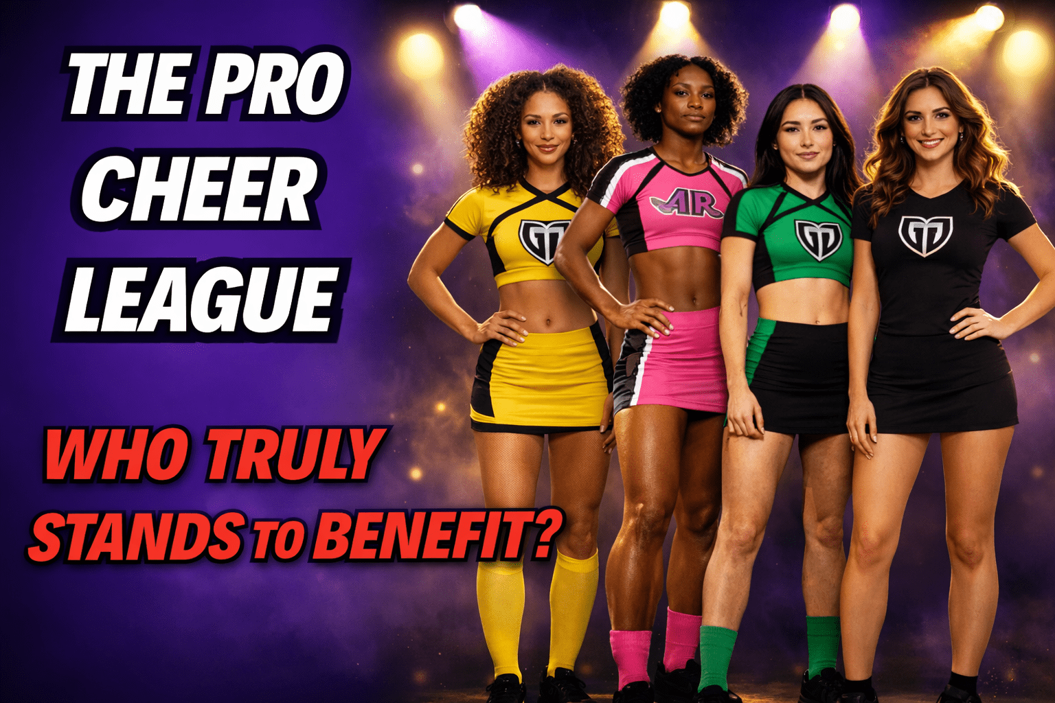 Four Young adults female athletes in cheerleading uniforms. Uniform Yellow and Black, Pink and Black , Green and Black and All Black. Text : The